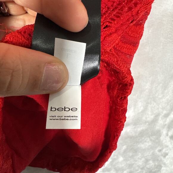 bebe Red Goth Lace Keyhole Back Top LG | Vintage Y2K Sheer Floral High Neck - Picture 6 of 11